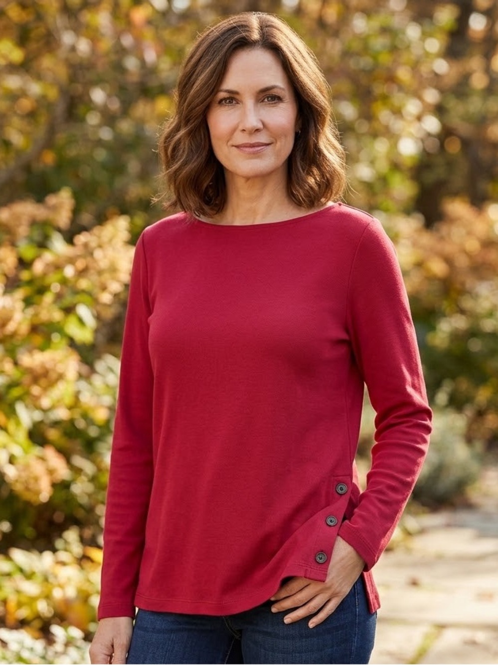 J. Jill Ponte Knit Button-Hem Long-Sleeve Tunic Top Medium Maroon Red